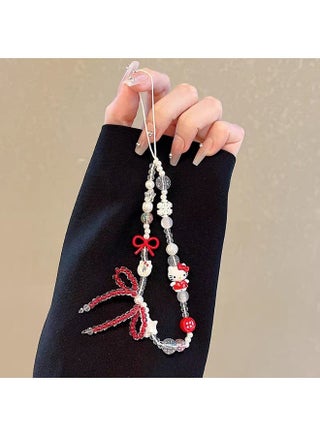 Kawaii Beaded  Phone Charms Strap Cute Bow and Kitten Phone Lanyard Wrist Strap - view 3